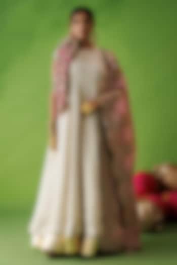 Beige Tissue Hand Embellished Flared Wedding Anarkali Set by Kisakshi Jaipur at Pernia's Pop Up Shop