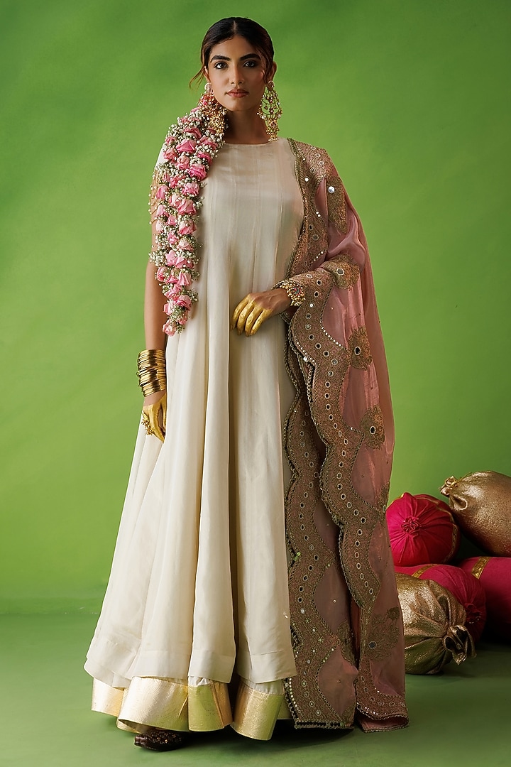 Beige Tissue Hand Embellished Flared Wedding Anarkali Set by Kisakshi Jaipur at Pernia's Pop Up Shop