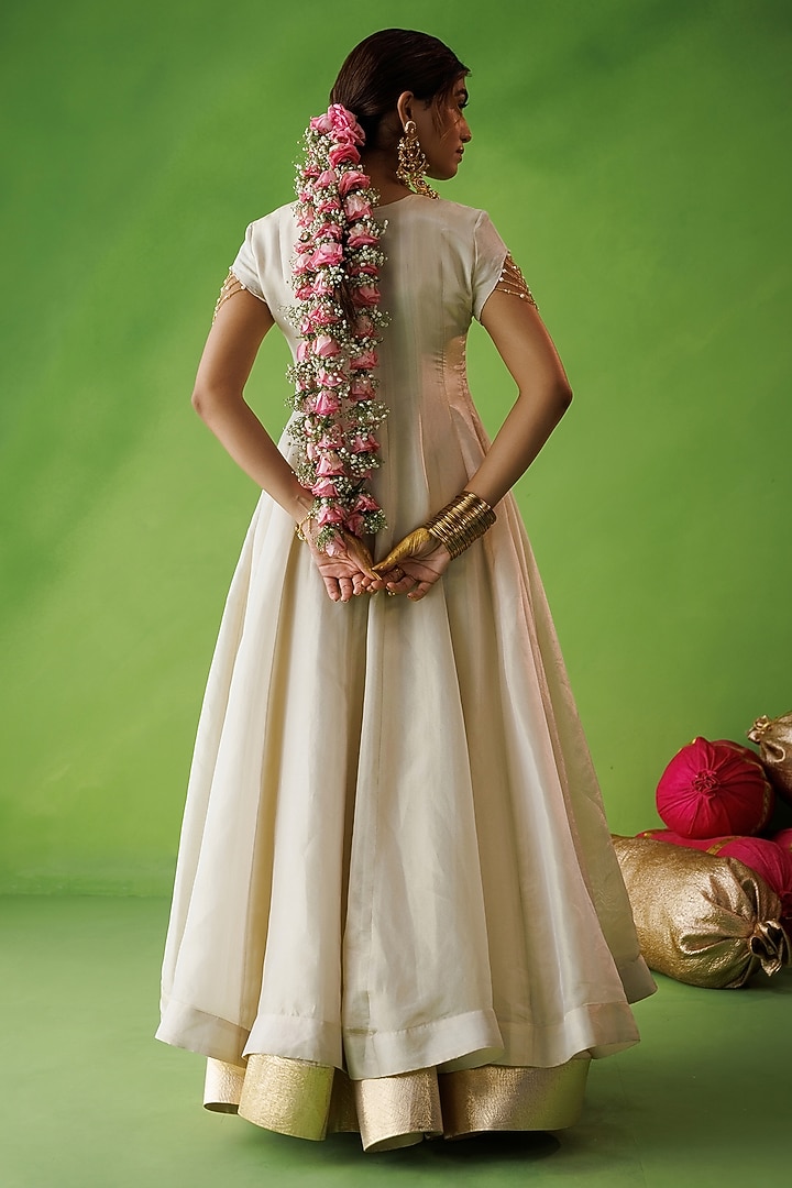 Beige Tissue Hand Embellished Flared Wedding Anarkali Set by Kisakshi Jaipur at Pernia's Pop Up Shop