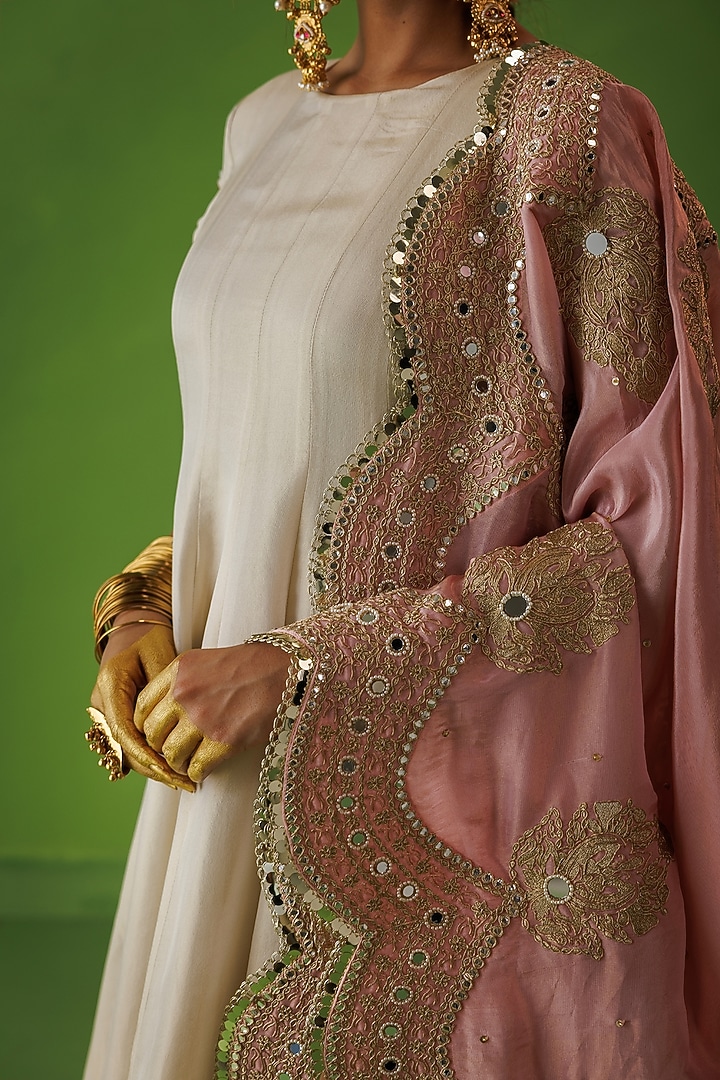 Beige Tissue Hand Embellished Flared Wedding Anarkali Set by Kisakshi Jaipur at Pernia's Pop Up Shop