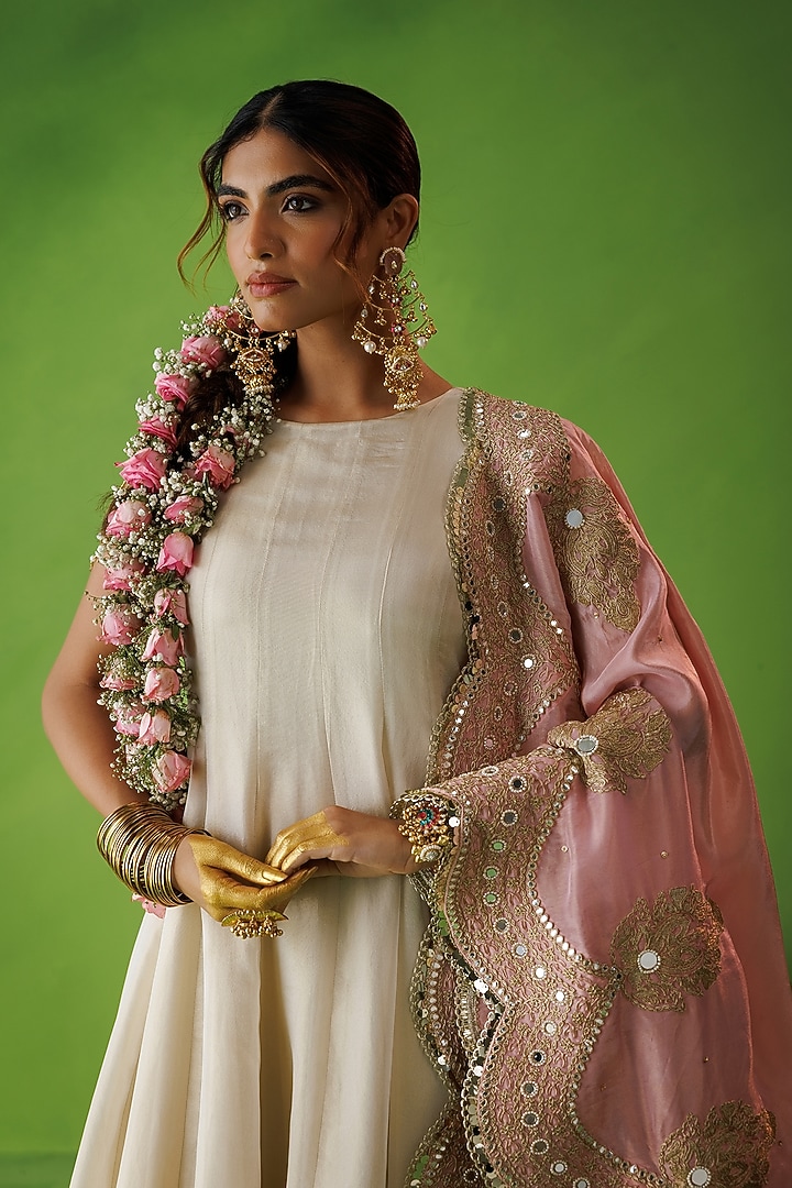 Beige Tissue Hand Embellished Flared Wedding Anarkali Set by Kisakshi Jaipur at Pernia's Pop Up Shop
