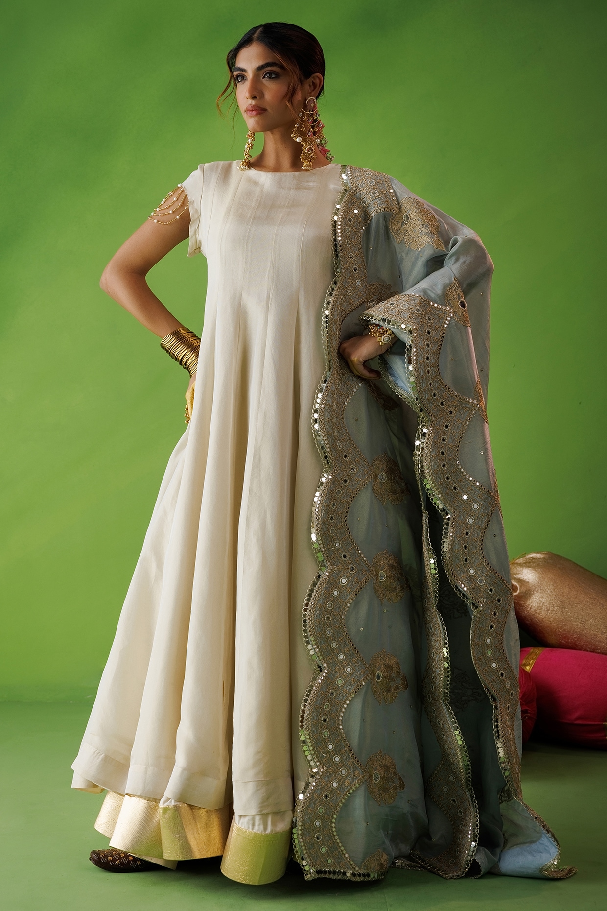 Kisakshi Jaipur Beige Tissue Hand Embellished Flared Anarkali Set