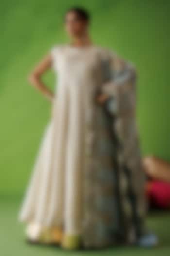 Beige Tissue Hand Embellished Flared Wedding Anarkali Set by Kisakshi Jaipur at Pernia's Pop Up Shop