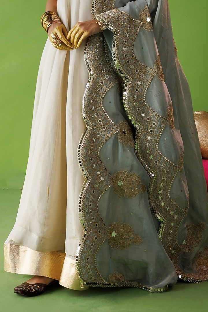 Beige Tissue Hand Embellished Flared Wedding Anarkali Set by Kisakshi Jaipur at Pernia's Pop Up Shop