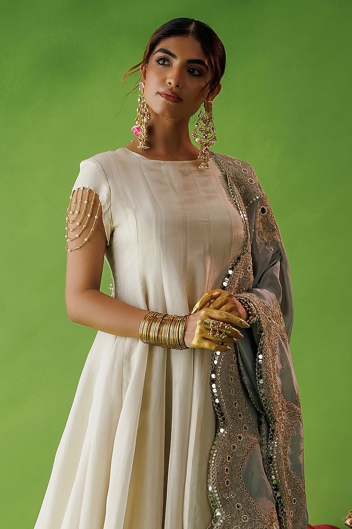Beige Tissue Hand Embellished Flared Wedding Anarkali Set by Kisakshi Jaipur at Pernia's Pop Up Shop