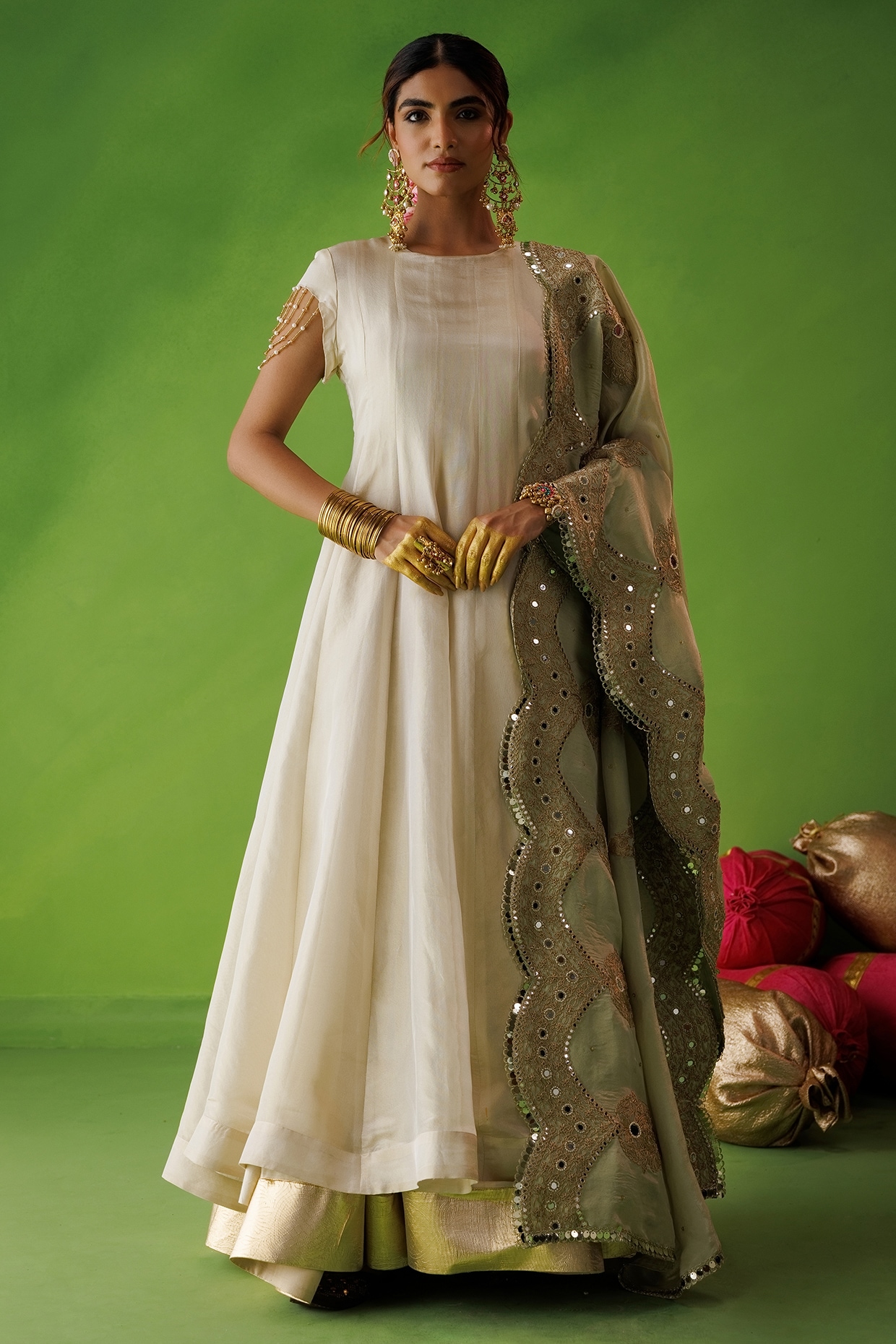Kisakshi Jaipur Beige Tissue Hand Embellished Flared Anarkali Set