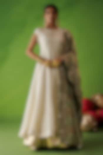 Beige Tissue Hand Embellished Flared Wedding Anarkali Set by Kisakshi Jaipur at Pernia's Pop Up Shop