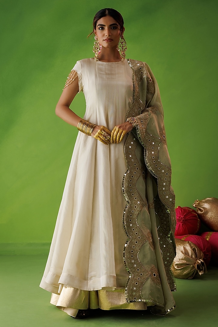 Beige Tissue Hand Embellished Flared Wedding Anarkali Set by Kisakshi Jaipur at Pernia's Pop Up Shop