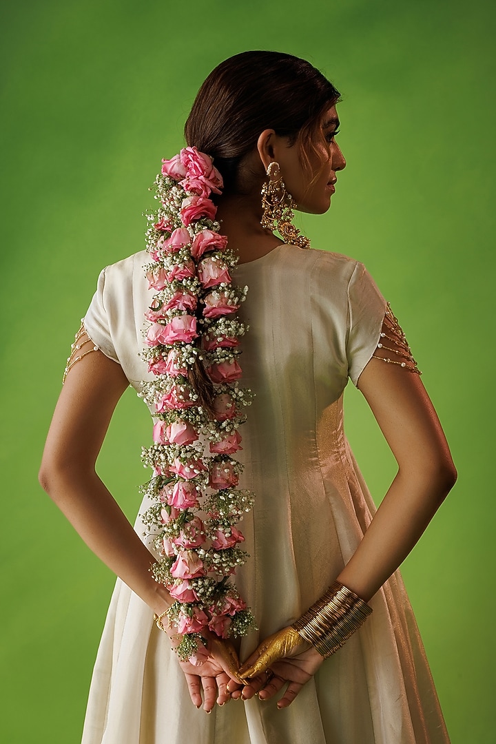 Beige Tissue Hand Embellished Flared Wedding Anarkali Set by Kisakshi Jaipur at Pernia's Pop Up Shop