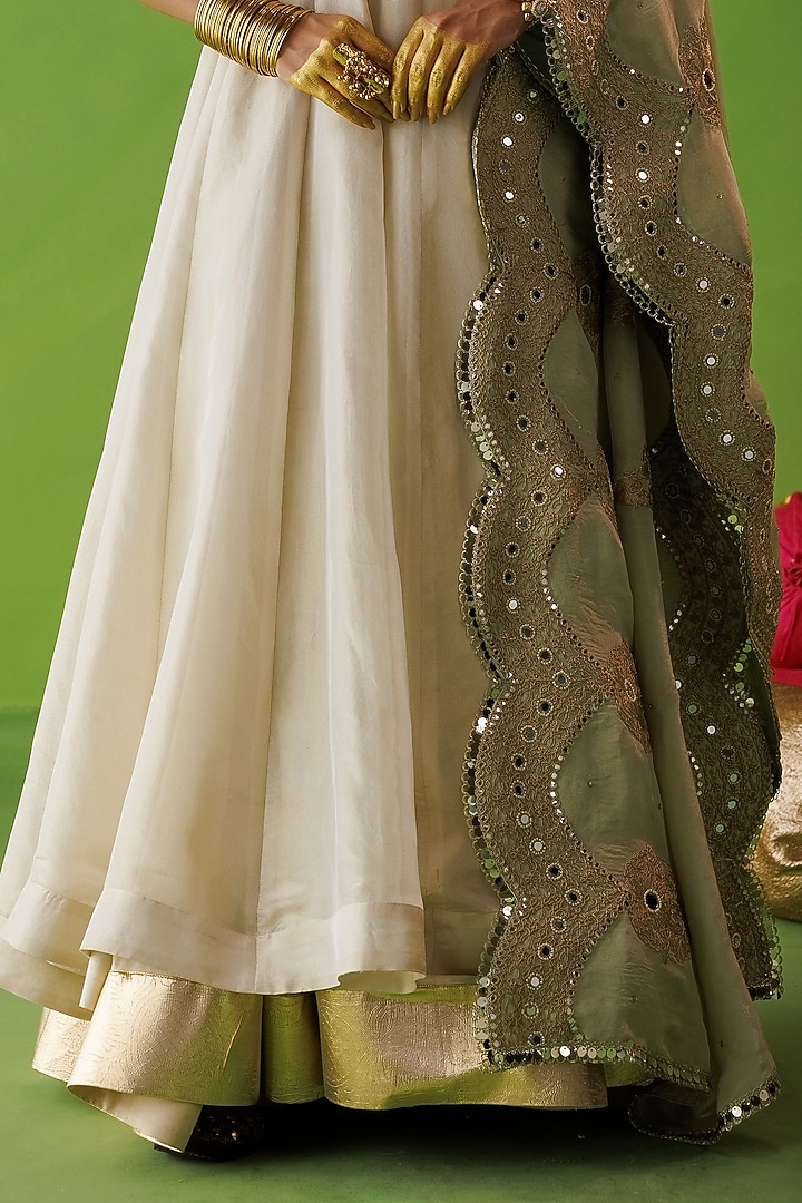 Beige Tissue Hand Embellished Flared Wedding Anarkali Set by Kisakshi Jaipur at Pernia's Pop Up Shop