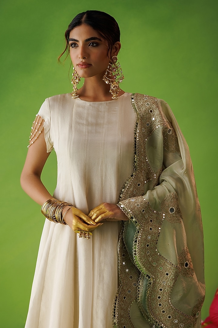 Beige Tissue Hand Embellished Flared Wedding Anarkali Set by Kisakshi Jaipur at Pernia's Pop Up Shop