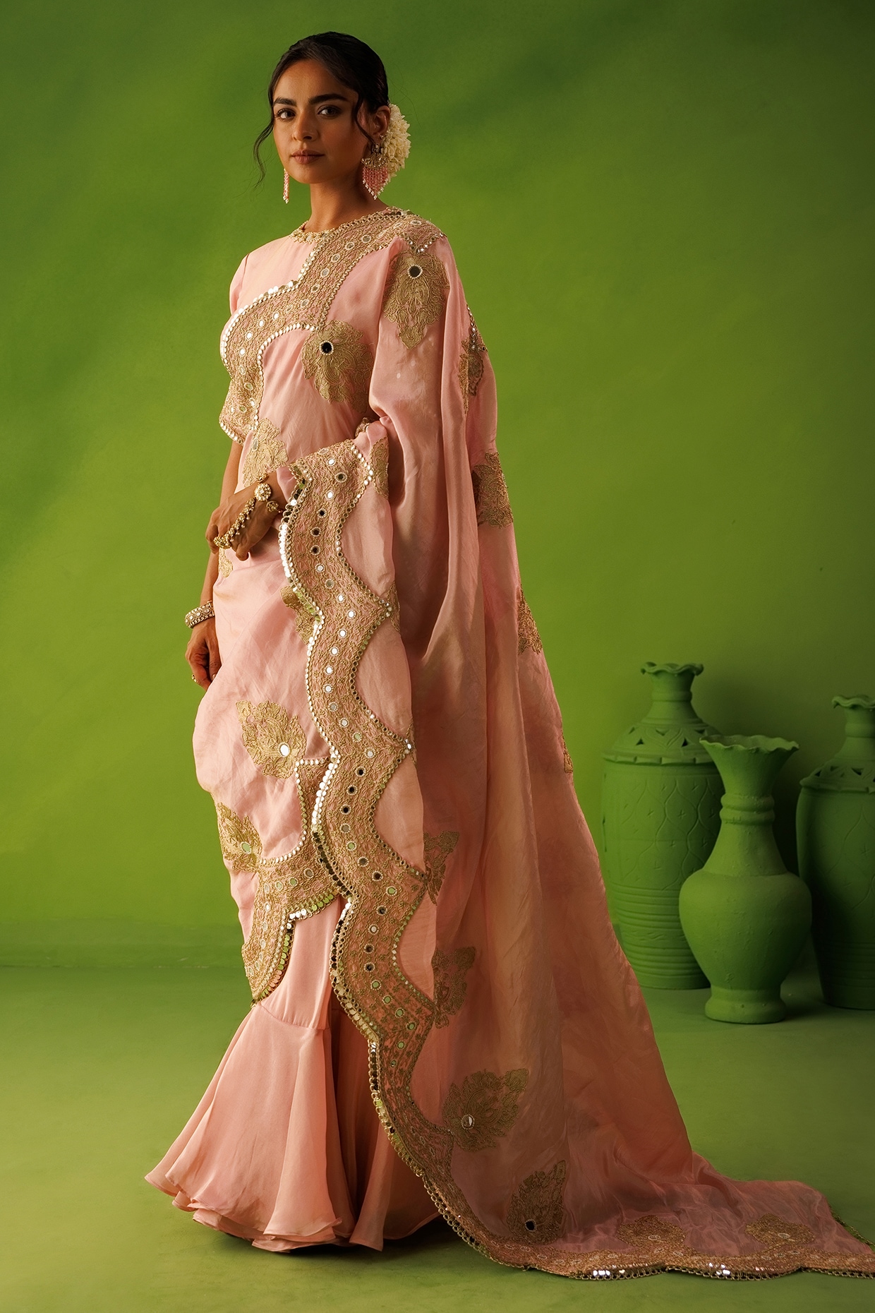 Kisakshi Jaipur Pink Tissue Silk Mirror Hand Embroidered Saree Set