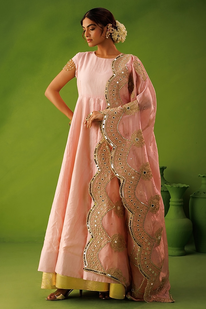 Ivory & Pink Tissue Silk Hand Embellished Reversible Wedding Anarkali Set by Kisakshi Jaipur at Pernia's Pop Up Shop