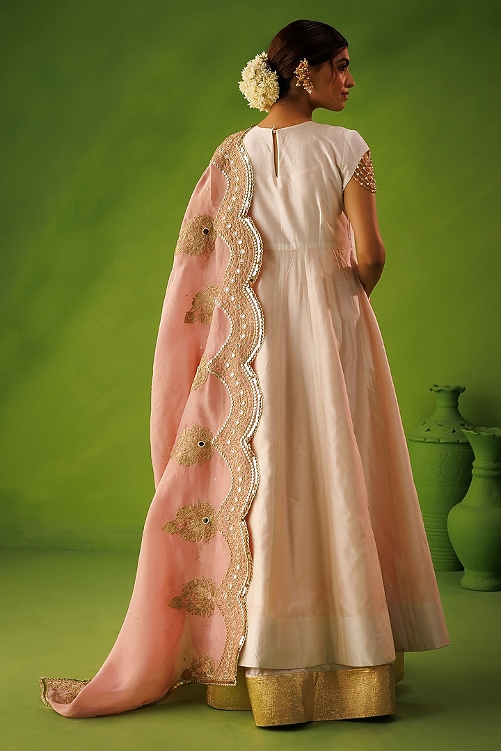 Ivory & Pink Tissue Silk Hand Embellished Reversible Wedding Anarkali Set by Kisakshi Jaipur at Pernia's Pop Up Shop