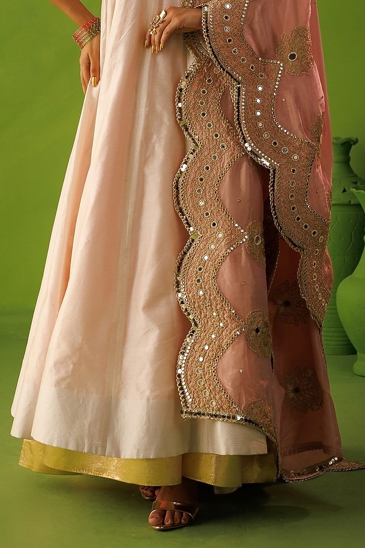 Ivory & Pink Tissue Silk Hand Embellished Reversible Wedding Anarkali Set by Kisakshi Jaipur at Pernia's Pop Up Shop