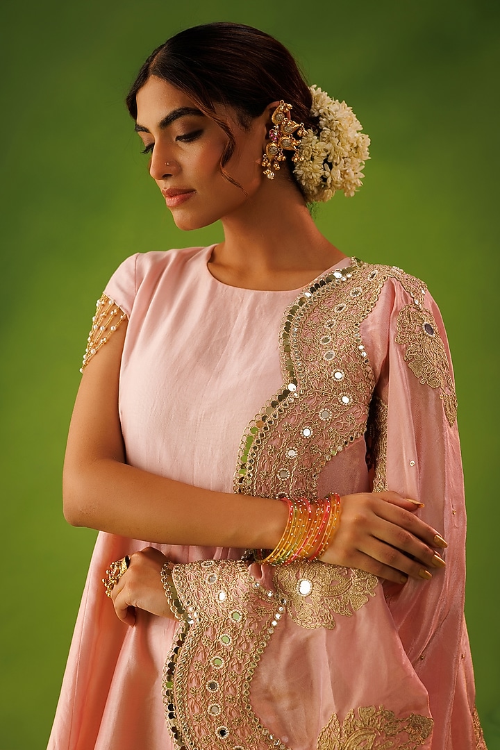 Ivory & Pink Tissue Silk Hand Embellished Reversible Wedding Anarkali Set by Kisakshi Jaipur at Pernia's Pop Up Shop