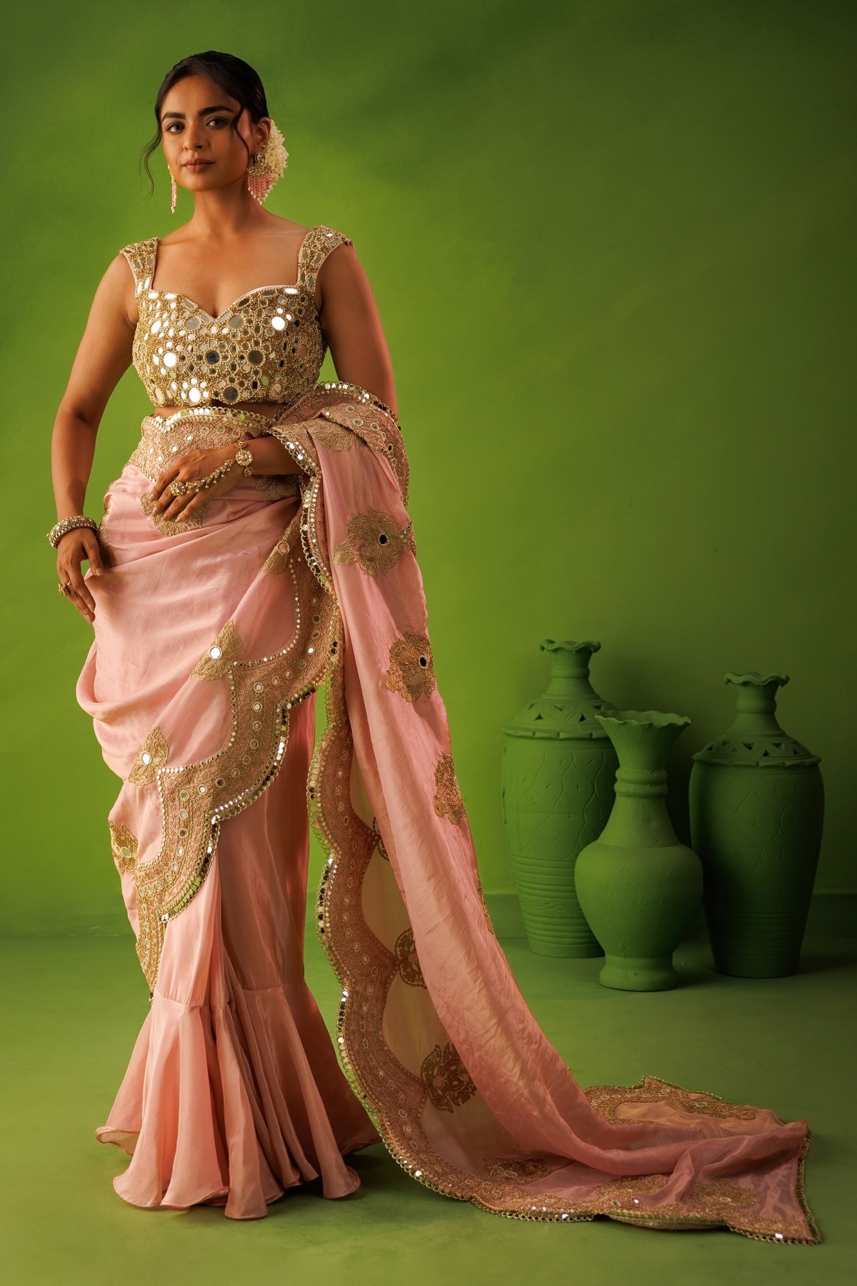Kisakshi Jaipur Pink Tissue Silk Mirror Hand Embroidered Saree Set