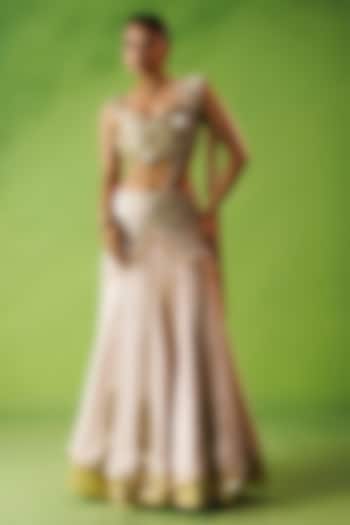 Baby Pink Chanderi Sequin Hand Embroidered Reception Lehenga Saree Set by Kisakshi Jaipur at Pernia's Pop Up Shop