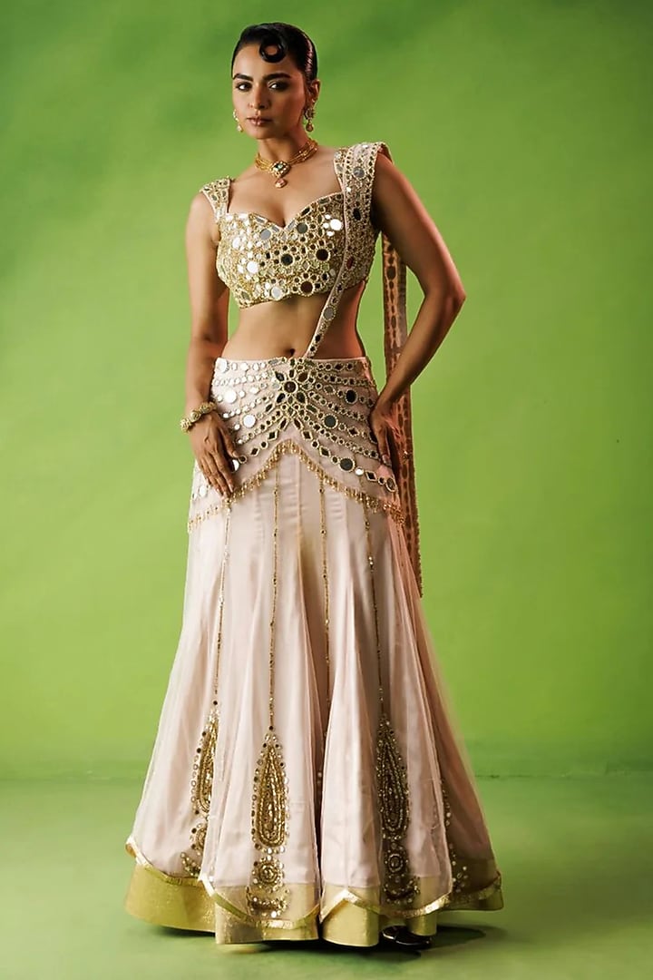 Baby Pink Chanderi Sequin Hand Embroidered Reception Lehenga Saree Set by Kisakshi Jaipur at Pernia's Pop Up Shop