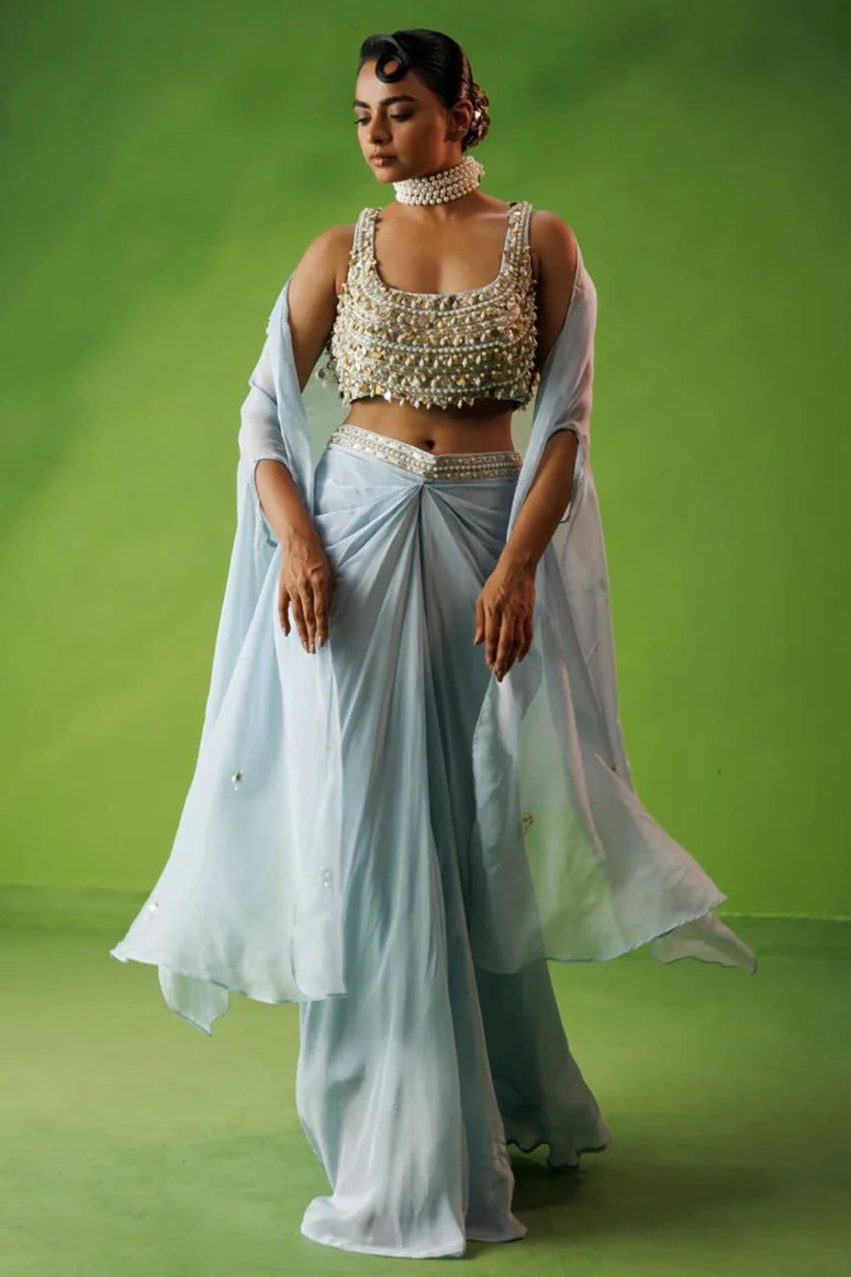 Kisakshi Jaipur Baby Blue Organza Hand Embroidered Cape Set