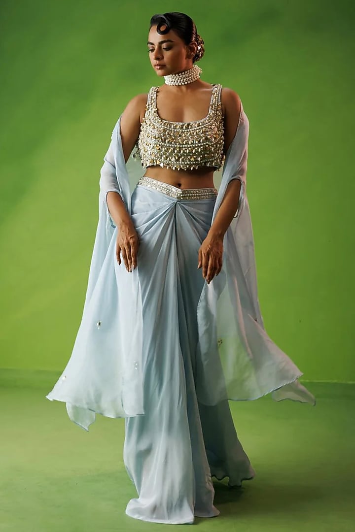 Baby Blue Organza Hand Embroidered Cape Set by Kisakshi Jaipur at Pernia's Pop Up Shop