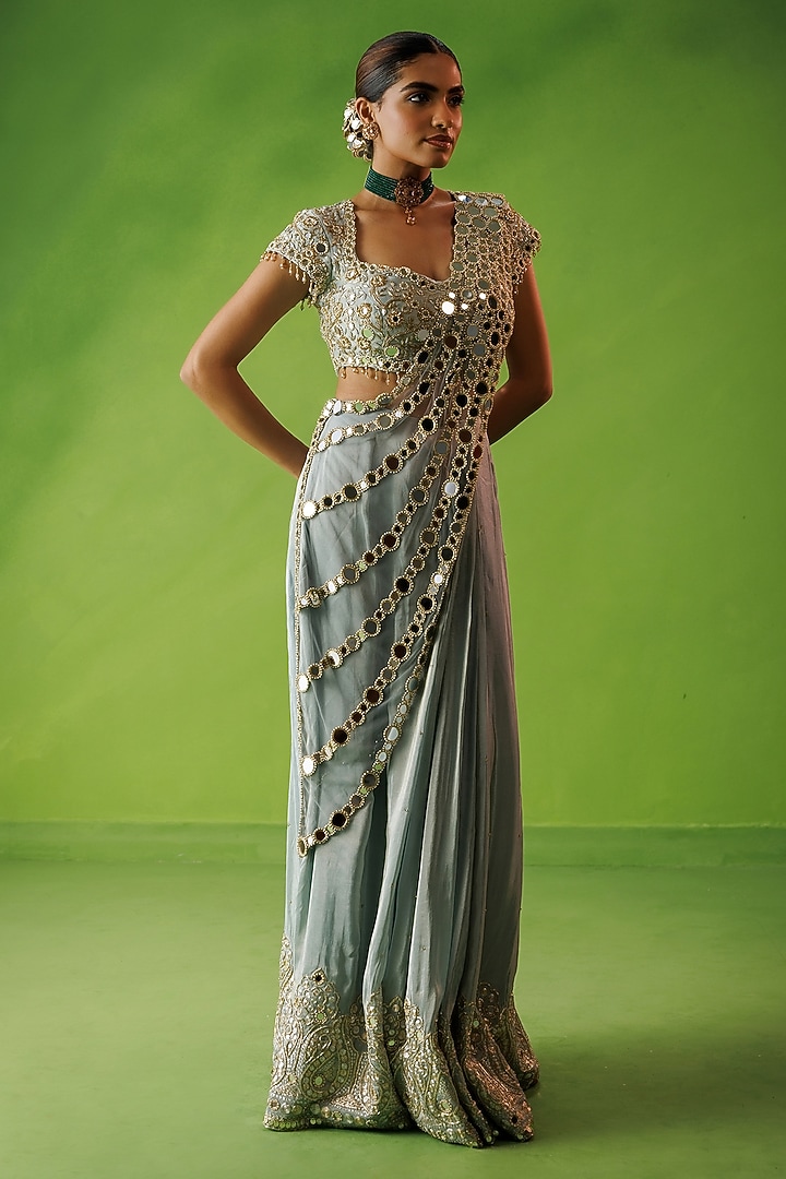 Powder Blue Tissue Silk & Net Mirror Embroidered Pre-Draped Reception Saree Set by Kisakshi Jaipur at Pernia's Pop Up Shop