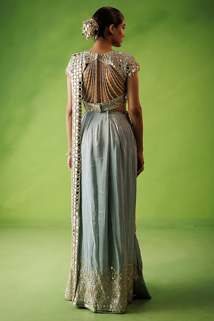 Powder Blue Tissue Silk & Net Mirror Embroidered Pre-Draped Reception Saree Set by Kisakshi Jaipur at Pernia's Pop Up Shop