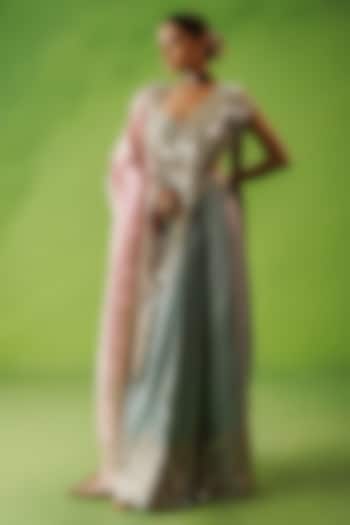 Powder Blue Tissue Silk & Net Mirror Embroidered Pre-Draped Reception Saree Set by Kisakshi Jaipur at Pernia's Pop Up Shop