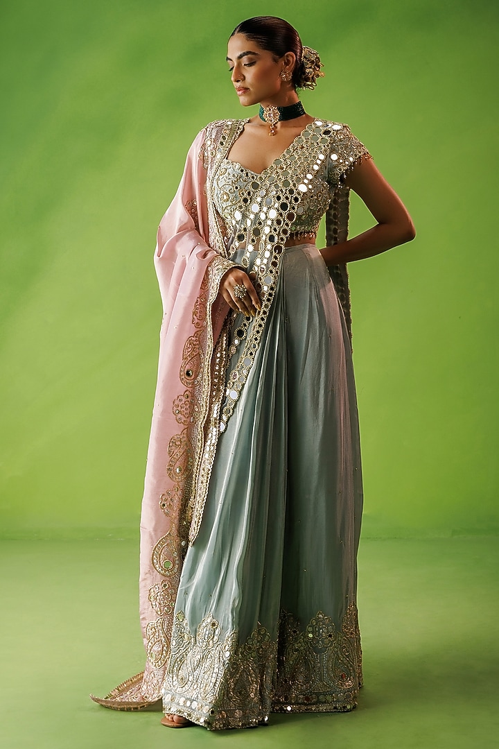 Powder Blue Tissue Silk & Net Mirror Embroidered Pre-Draped Reception Saree Set by Kisakshi Jaipur at Pernia's Pop Up Shop