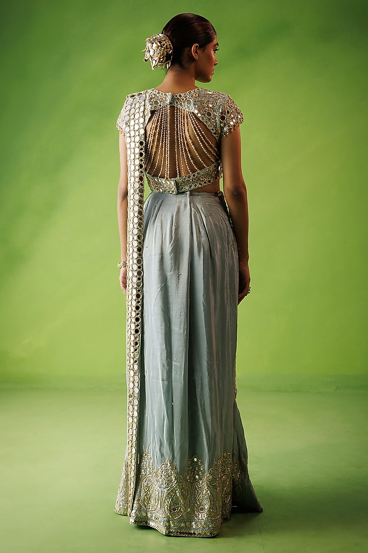 Powder Blue Tissue Silk & Net Mirror Embroidered Pre-Draped Reception Saree Set by Kisakshi Jaipur at Pernia's Pop Up Shop