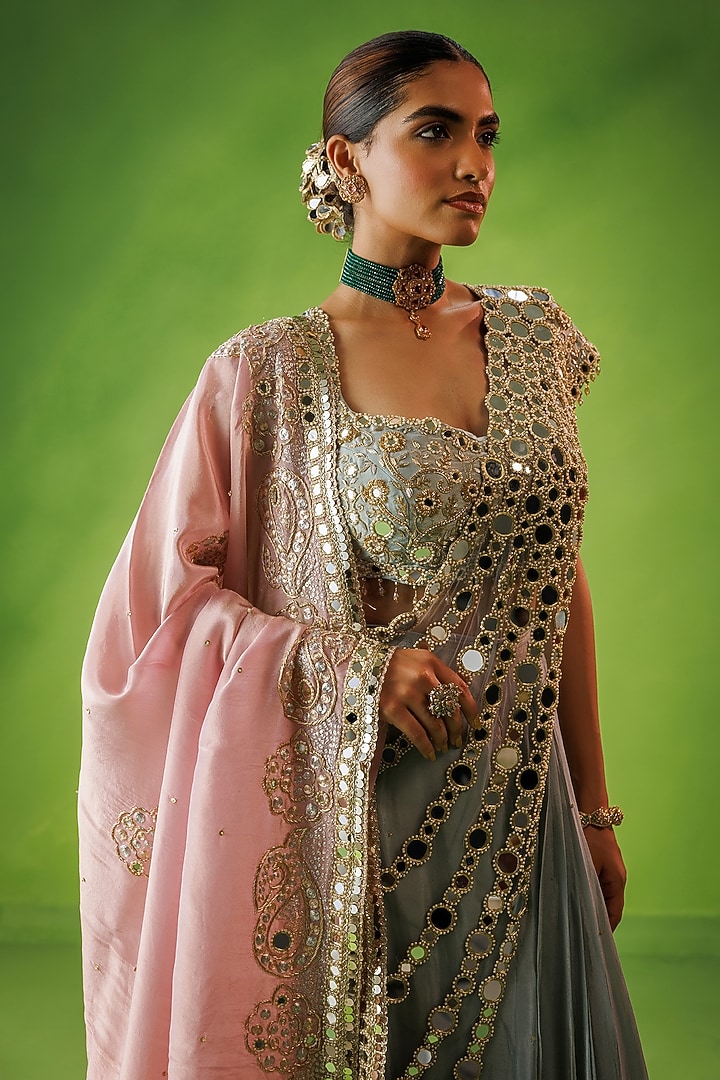 Powder Blue Tissue Silk & Net Mirror Embroidered Pre-Draped Reception Saree Set by Kisakshi Jaipur at Pernia's Pop Up Shop