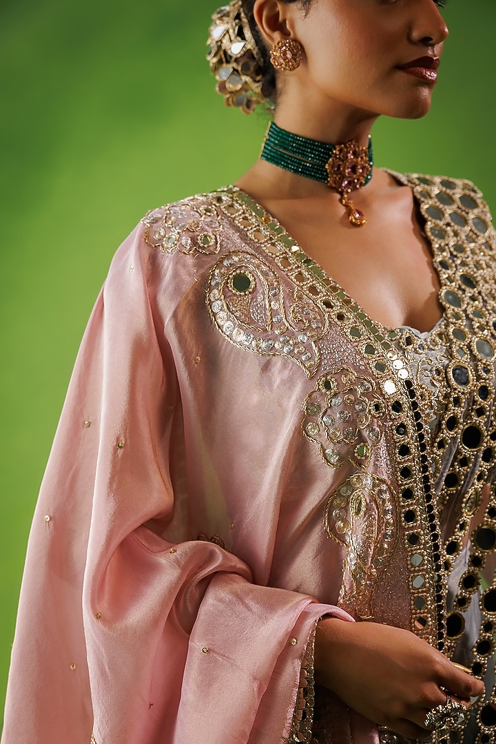Powder Blue Tissue Silk & Net Mirror Embroidered Pre-Draped Reception Saree Set by Kisakshi Jaipur at Pernia's Pop Up Shop