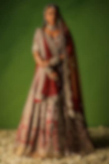 Red Raw Silk Zardosi Hand Embroidered Bridal Lehenga Set by Kisakshi Jaipur at Pernia's Pop Up Shop