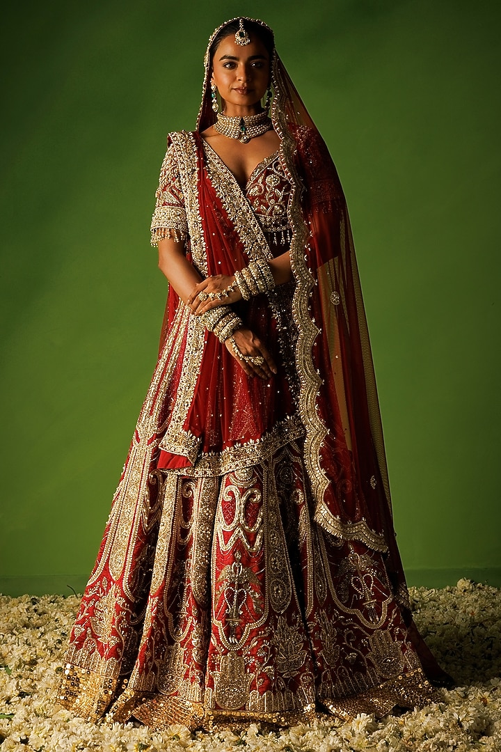 Red Raw Silk Zardosi Hand Embroidered Bridal Lehenga Set by Kisakshi Jaipur at Pernia's Pop Up Shop