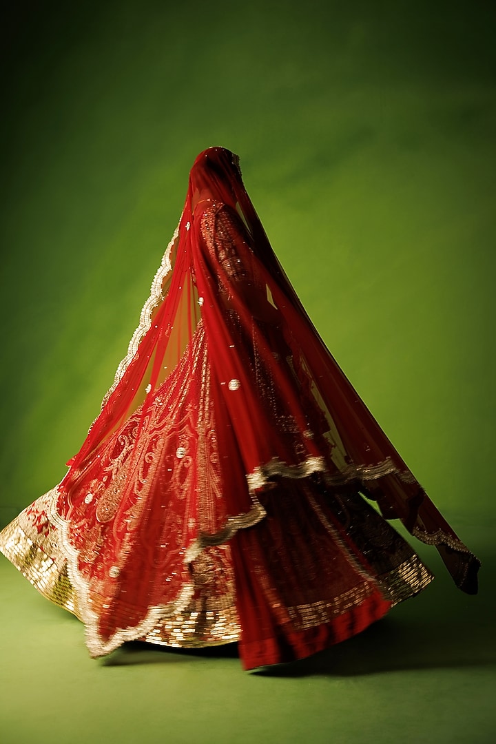 Red Raw Silk Zardosi Hand Embroidered Bridal Lehenga Set by Kisakshi Jaipur at Pernia's Pop Up Shop
