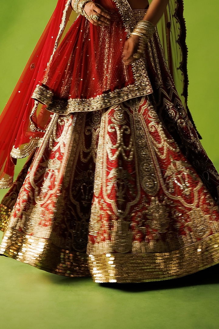 Red Raw Silk Zardosi Hand Embroidered Bridal Lehenga Set by Kisakshi Jaipur at Pernia's Pop Up Shop