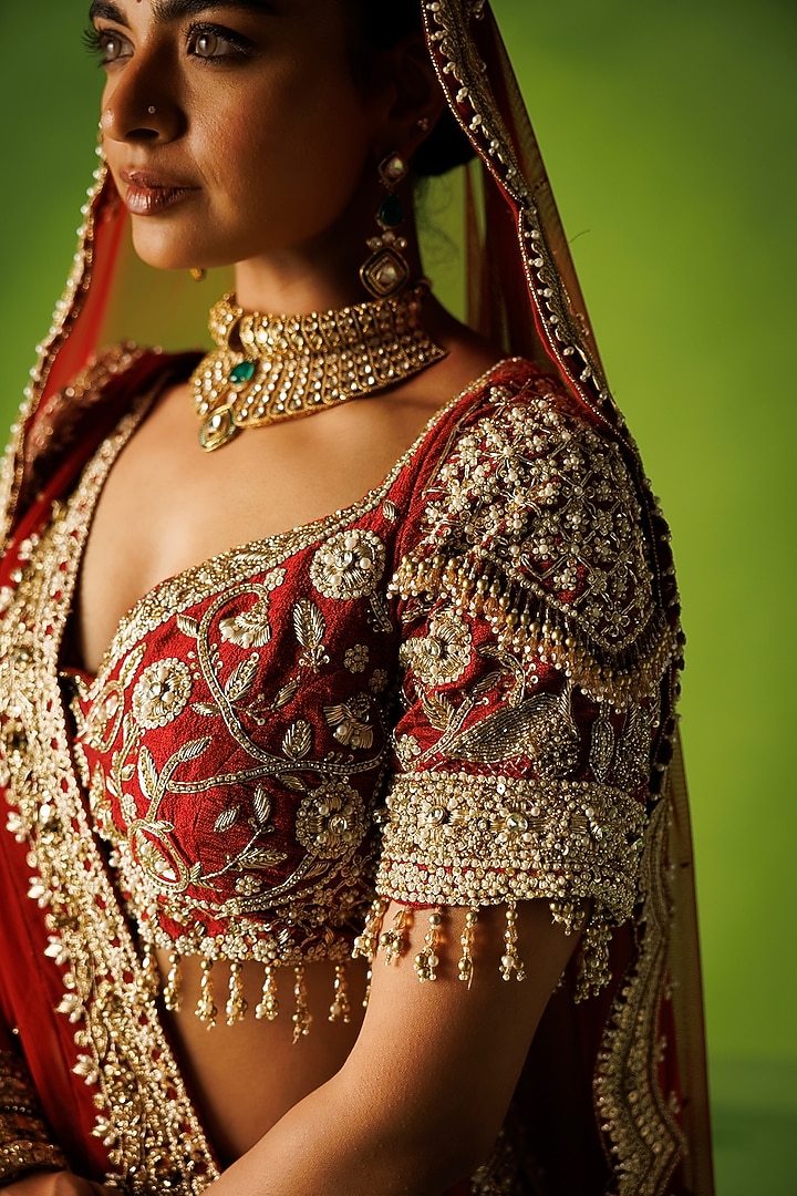 Red Raw Silk Zardosi Hand Embroidered Bridal Lehenga Set by Kisakshi Jaipur at Pernia's Pop Up Shop