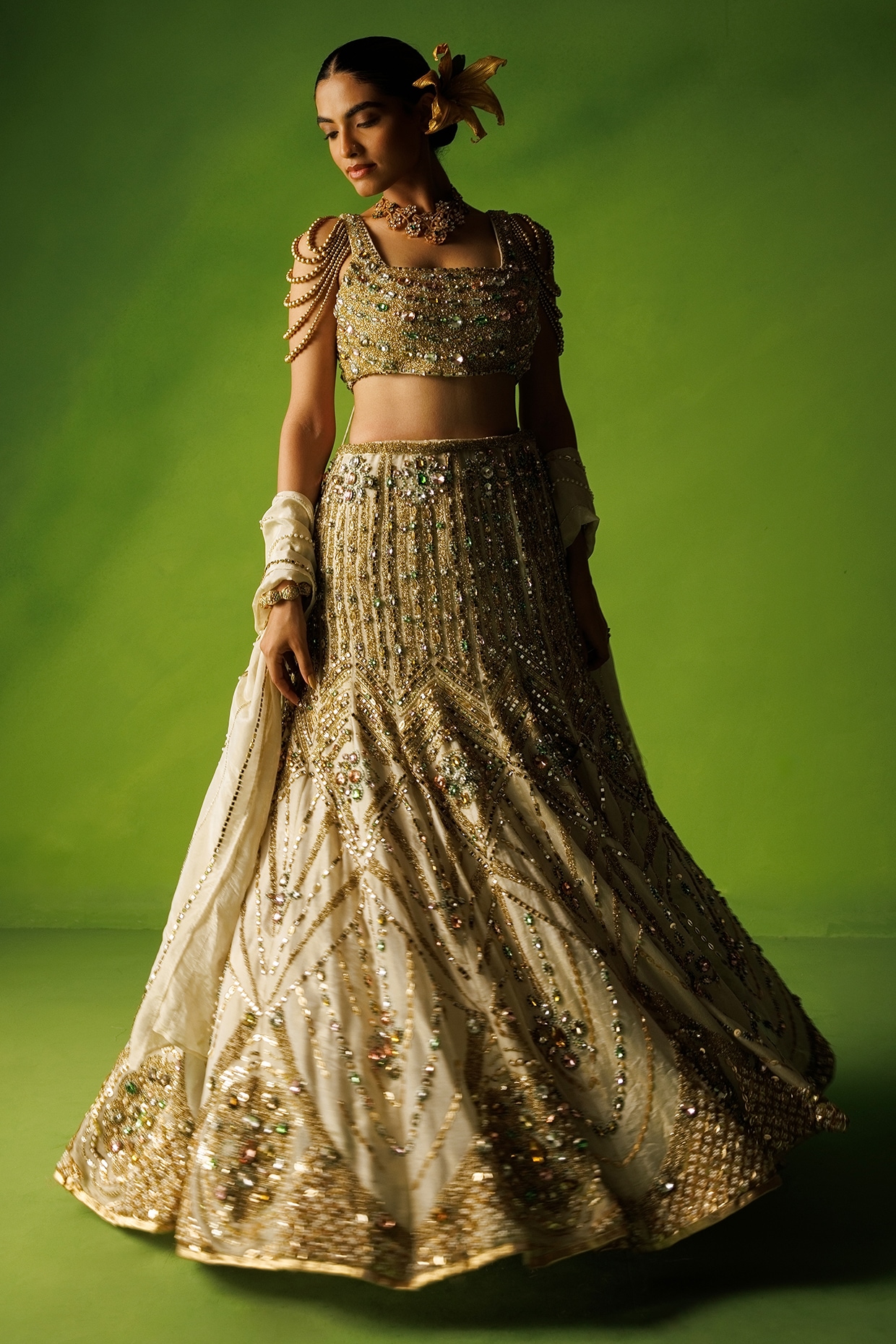 Kisakshi Jaipur Beige Tissue Silk Hand Embroidered Lehenga Set
