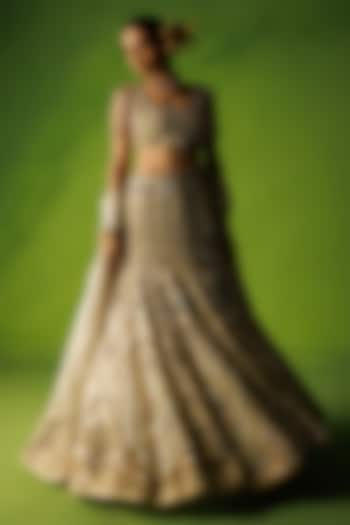 Beige Tissue Silk Hand Embroidered Bridal Lehenga Set by Kisakshi Jaipur at Pernia's Pop Up Shop