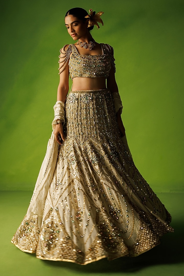 Beige Tissue Silk Hand Embroidered Bridal Lehenga Set by Kisakshi Jaipur at Pernia's Pop Up Shop