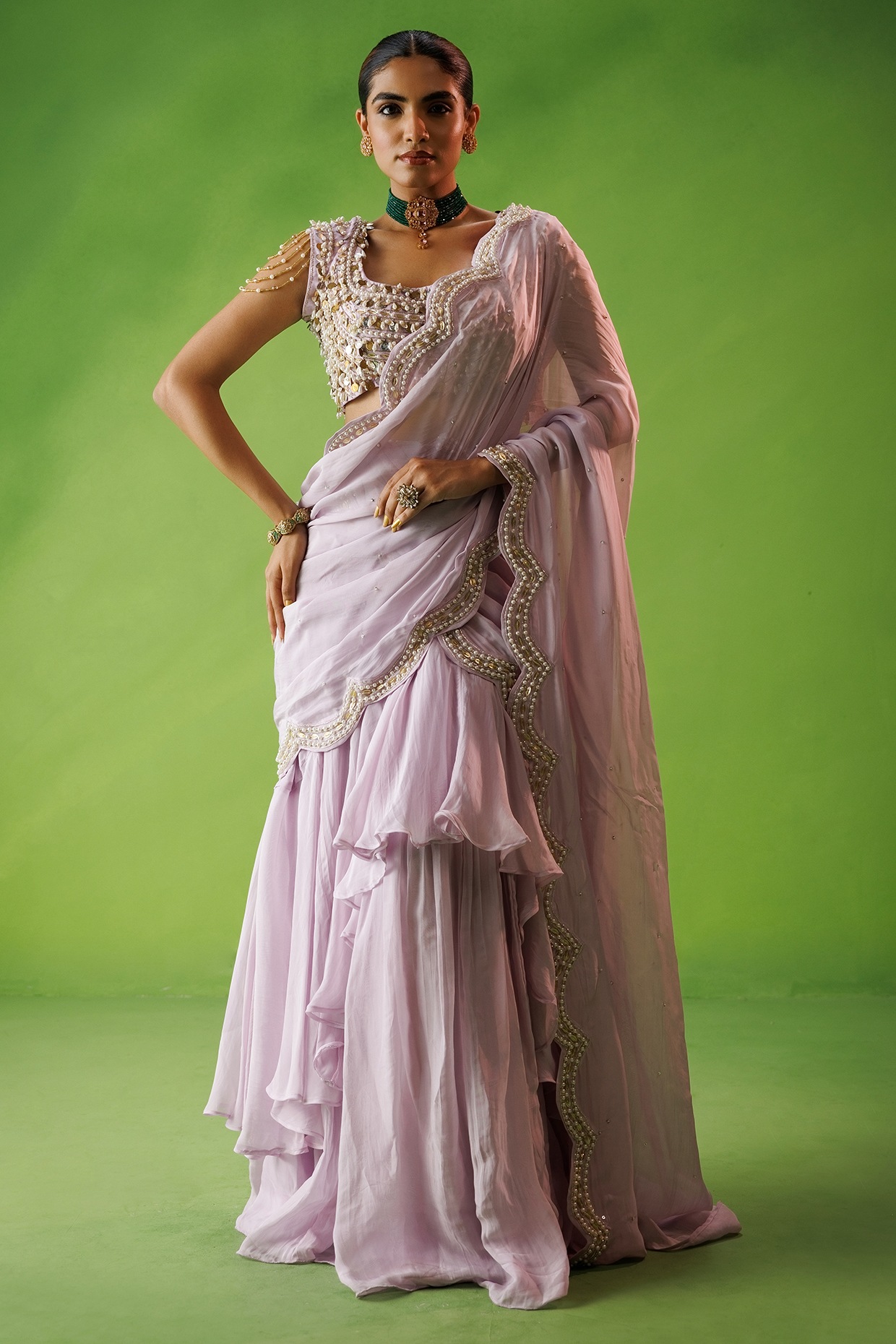 Kisakshi Jaipur Lavender Organza & Chanderi Ruffled Saree Set