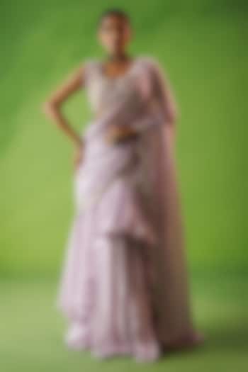 Lavender Organza & Chanderi Ruffled Wedding Saree Set by Kisakshi Jaipur at Pernia's Pop Up Shop
