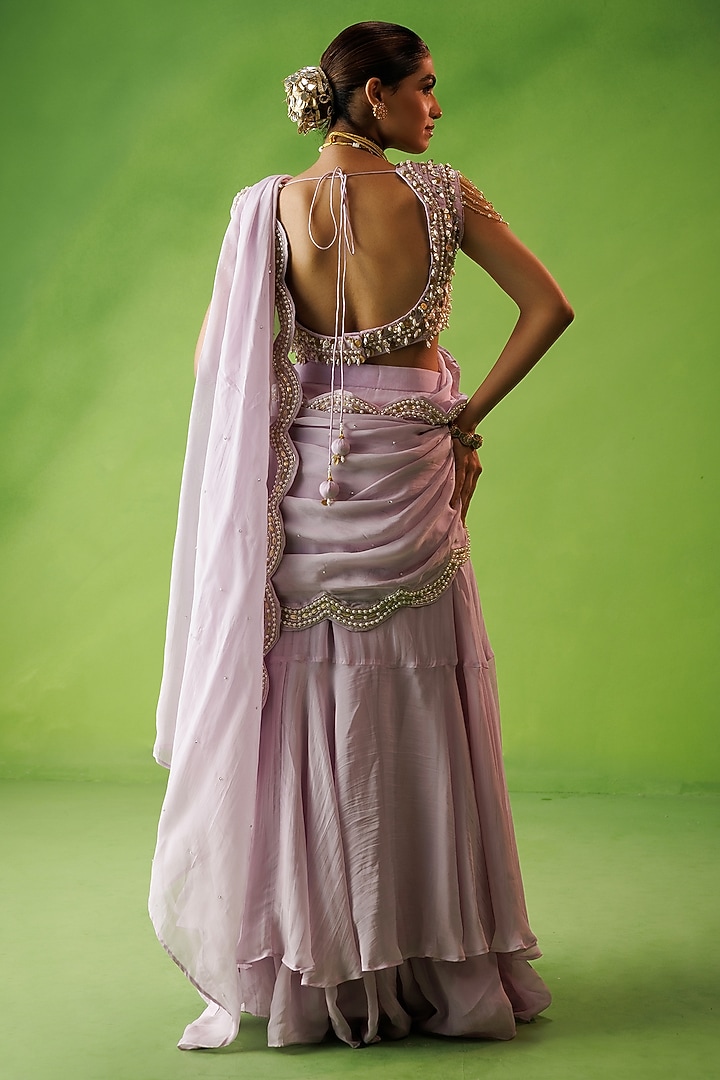 Lavender Organza & Chanderi Ruffled Wedding Saree Set by Kisakshi Jaipur at Pernia's Pop Up Shop