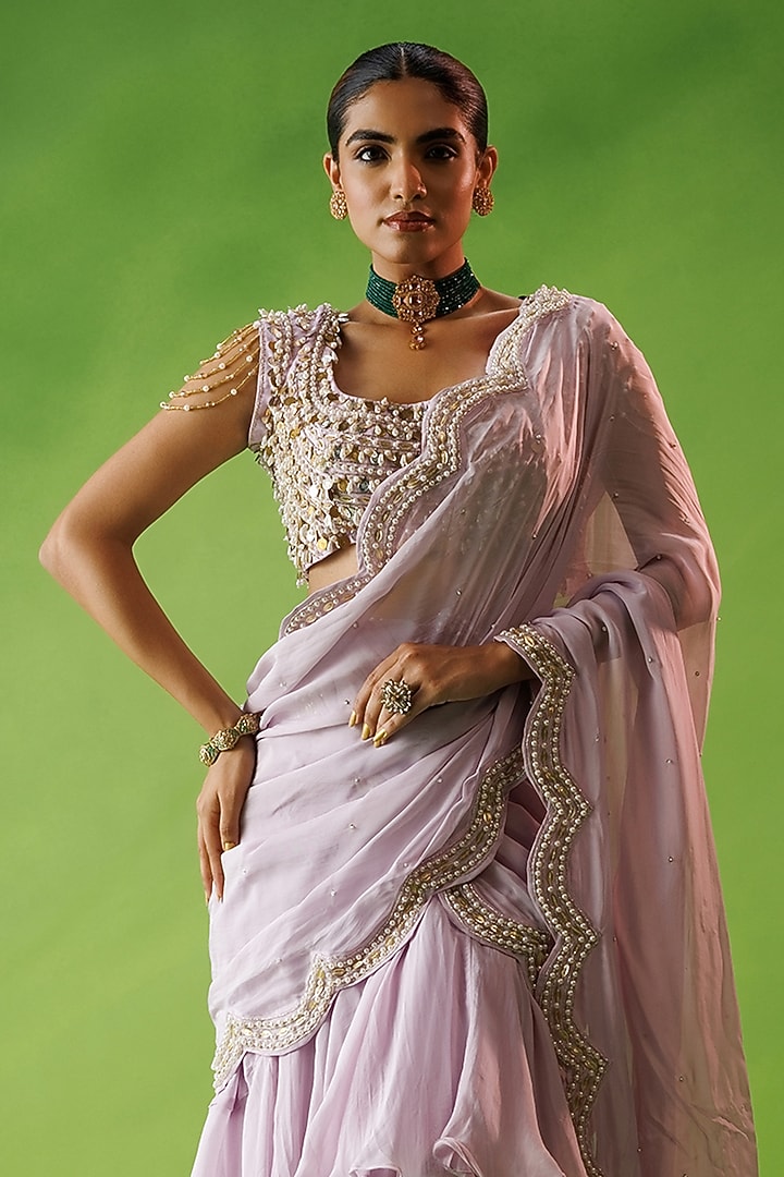 Lavender Organza & Chanderi Ruffled Wedding Saree Set by Kisakshi Jaipur at Pernia's Pop Up Shop