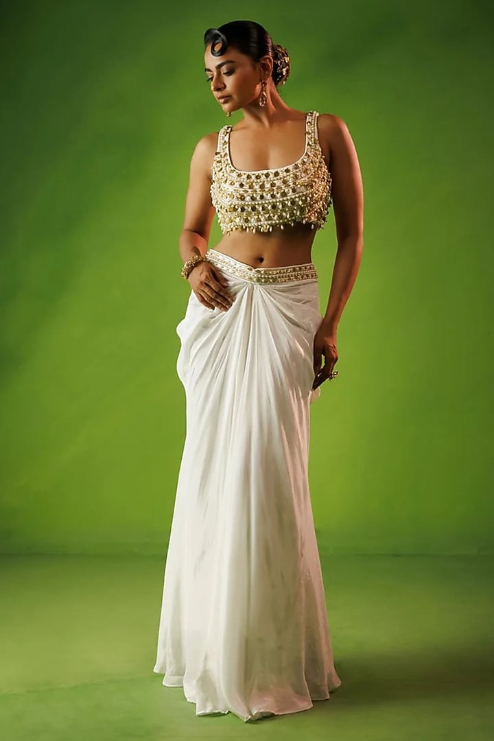 Ivory Crepe Draped Skirt Set by Kisakshi Jaipur at Pernia's Pop Up Shop