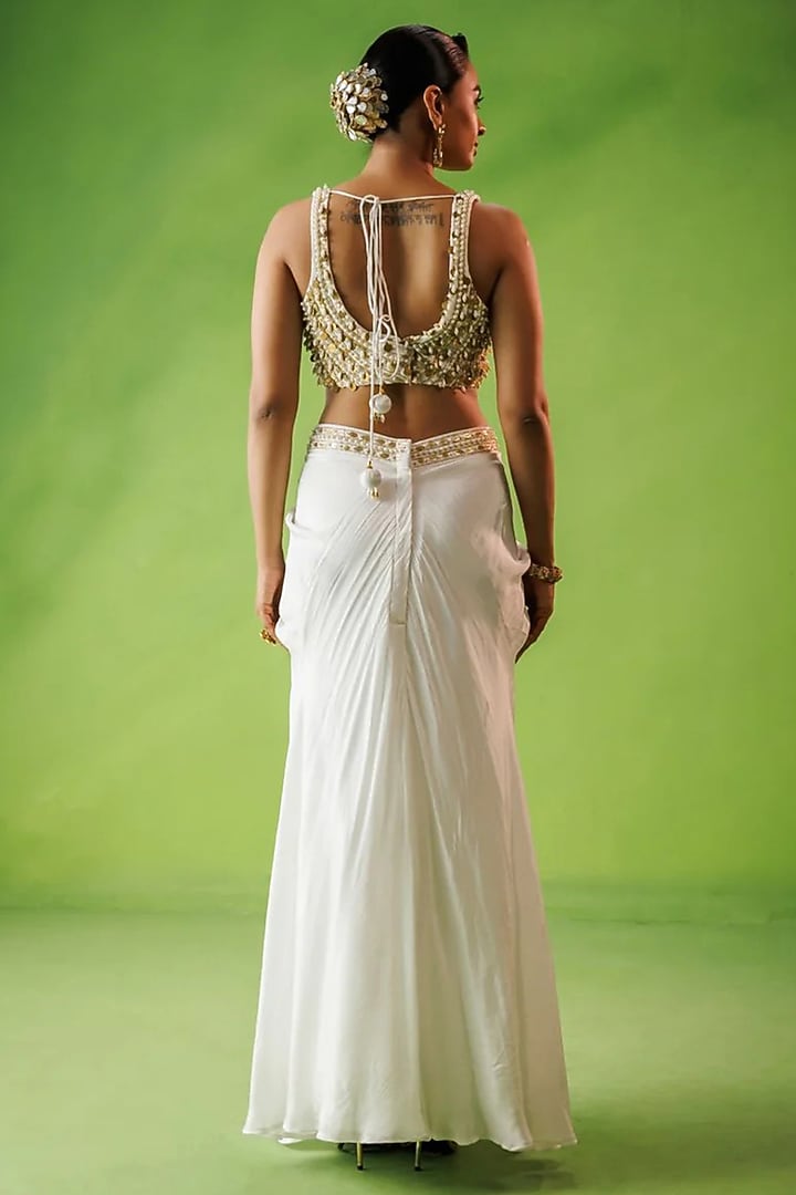Ivory Crepe Draped Skirt Set by Kisakshi Jaipur at Pernia's Pop Up Shop