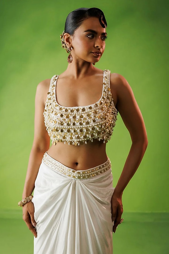 Ivory Crepe Draped Skirt Set by Kisakshi Jaipur at Pernia's Pop Up Shop