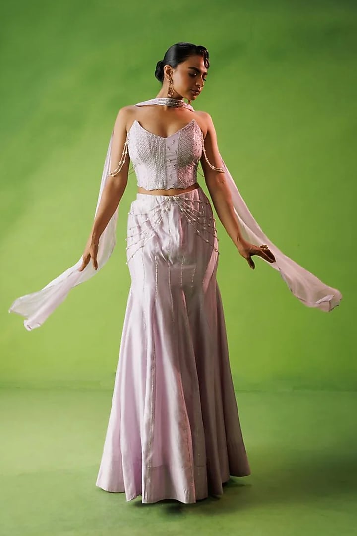 Lavender Chanderi & Organza Fishtail Skirt Set by Kisakshi Jaipur at Pernia's Pop Up Shop