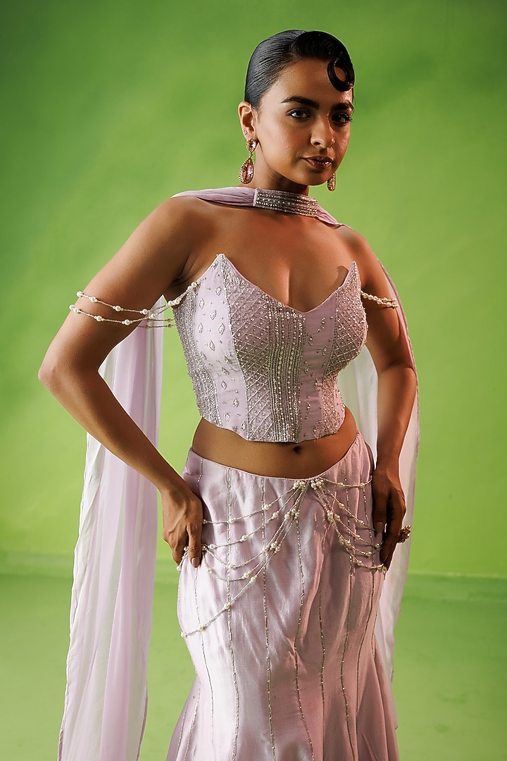 Lavender Chanderi & Organza Fishtail Skirt Set by Kisakshi Jaipur at Pernia's Pop Up Shop
