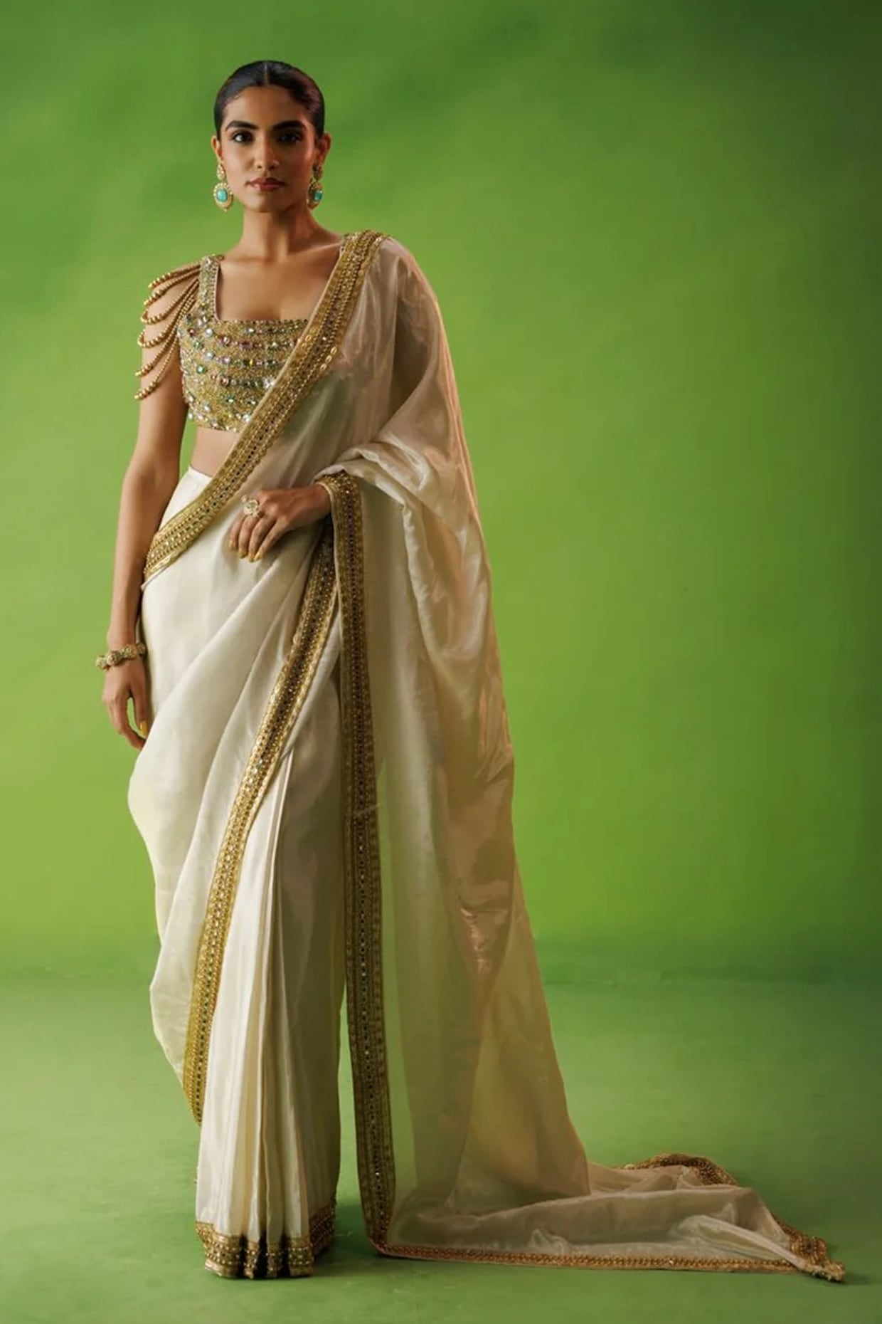 Kisakshi Jaipur Beige Tissue Silk Embroidered Pre-Draped Saree Set